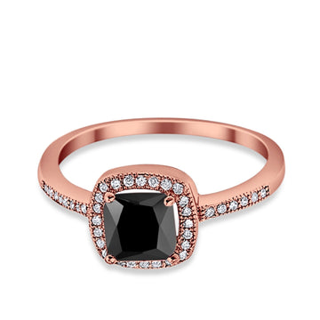 Halo Accent Engagement Ring Rose Tone, Simulated Black CZ 925 Sterling Silver